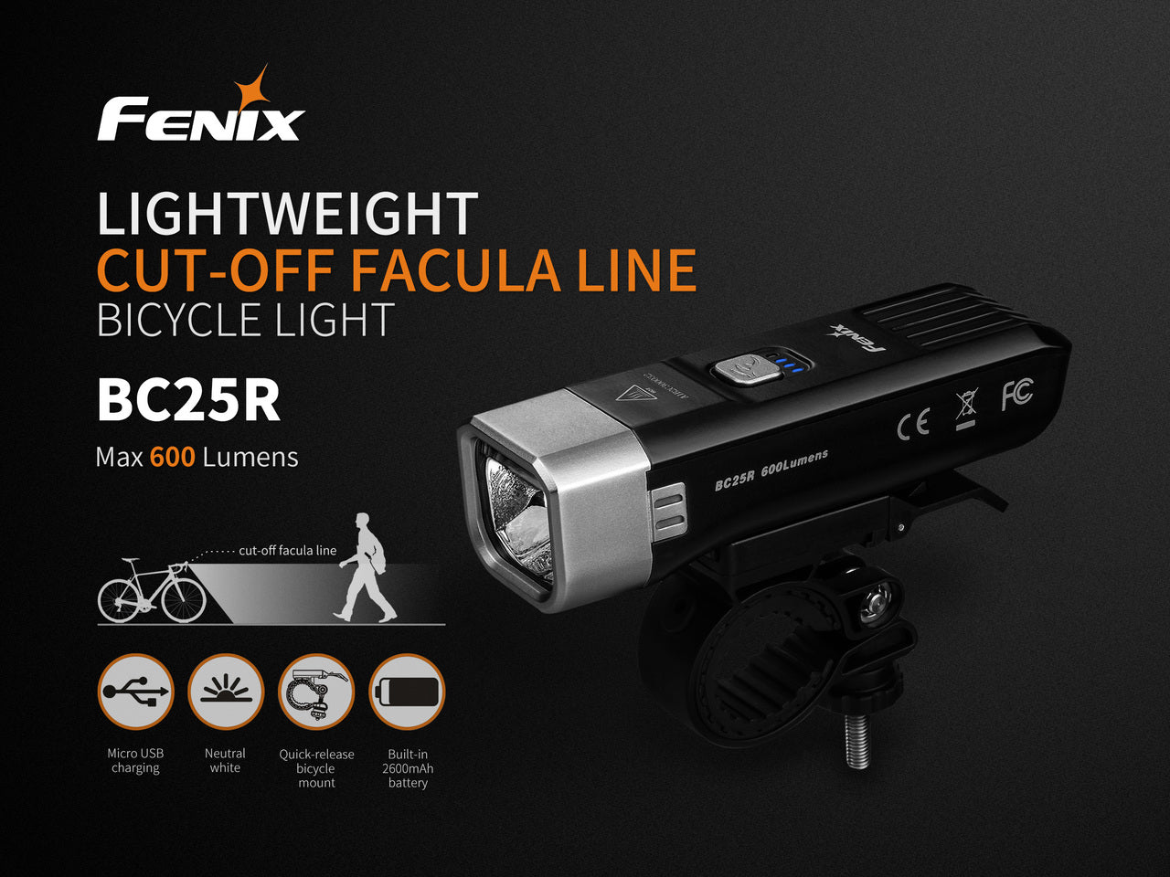 Fenix BC25R LED bike light mounted on a bicycle, illuminating a path with bright white light in a dark environment.