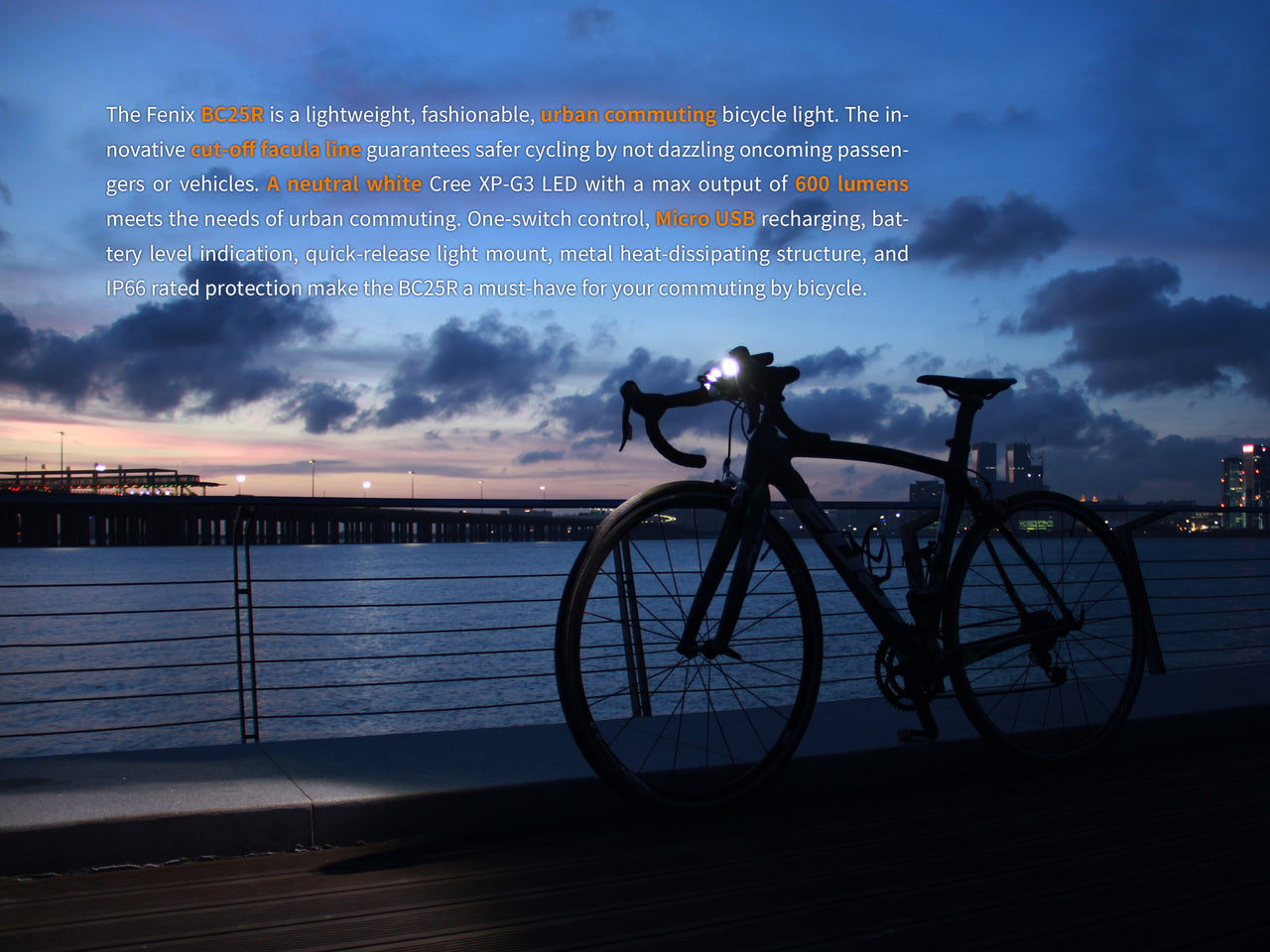 Fenix BC25R LED bike light mounted on a bicycle handlebar, illuminating a dark path ahead.