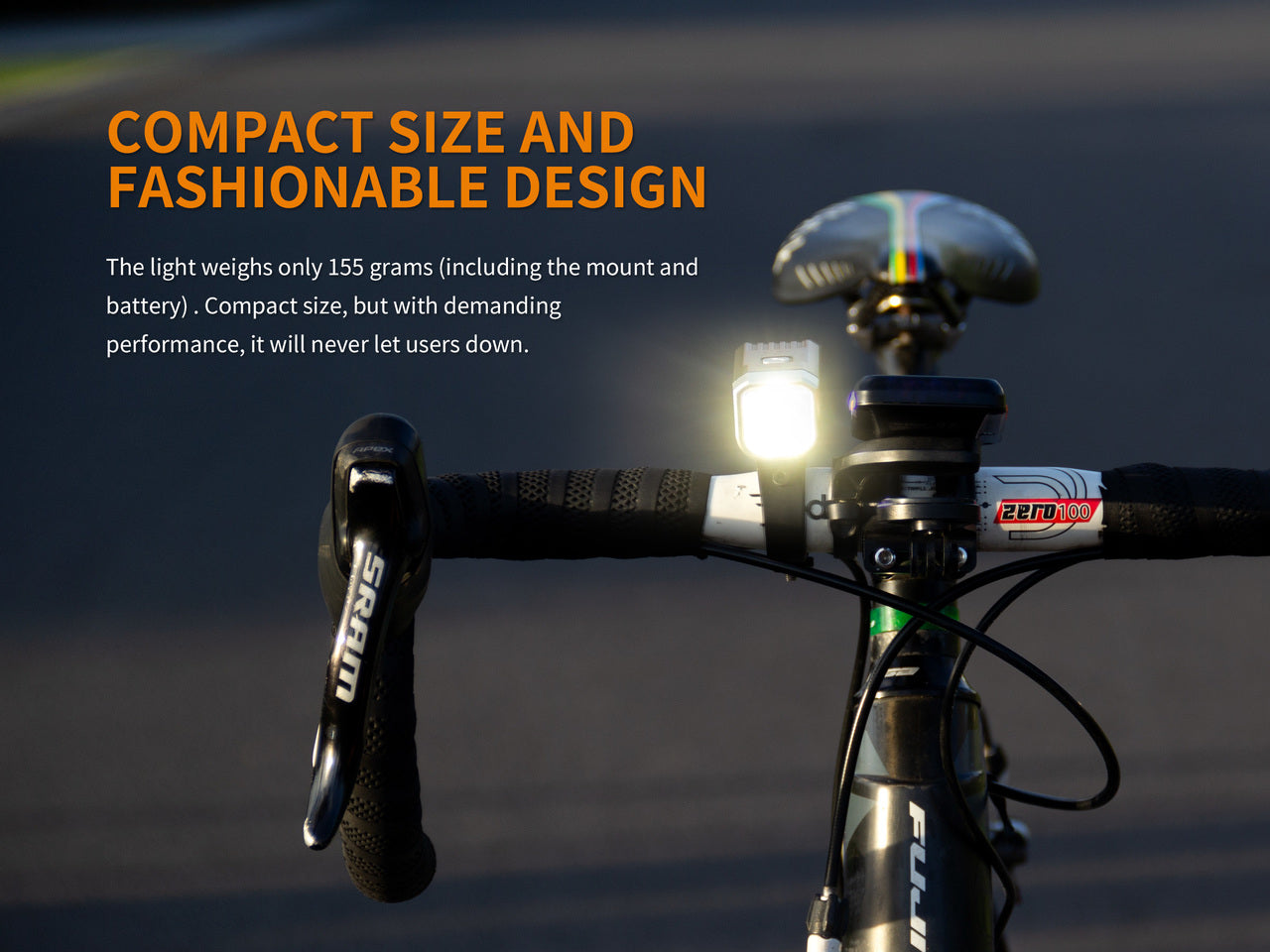 Fenix BC25R LED bike light mounted on a bicycle handlebar in a dark outdoor setting.