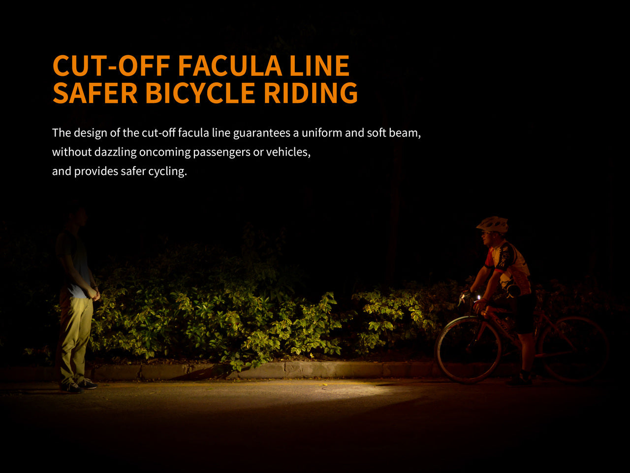 Fenix BC25R LED bike light mounted on a bicycle, showcasing bright illumination and sleek design for cycling adventures.