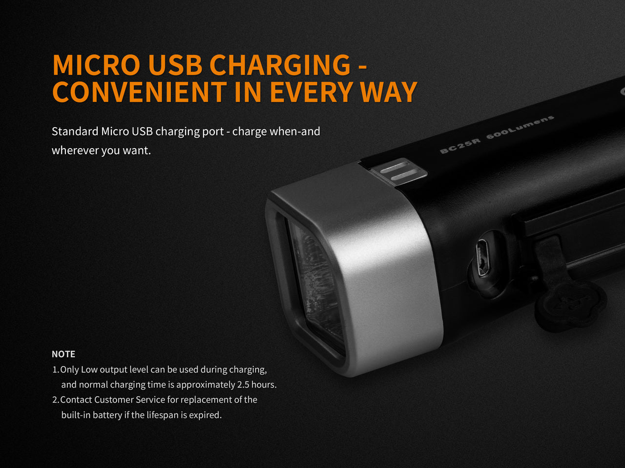 Fenix BC25R LED bike light mounted on a bicycle handlebar, illuminating a dark path ahead.