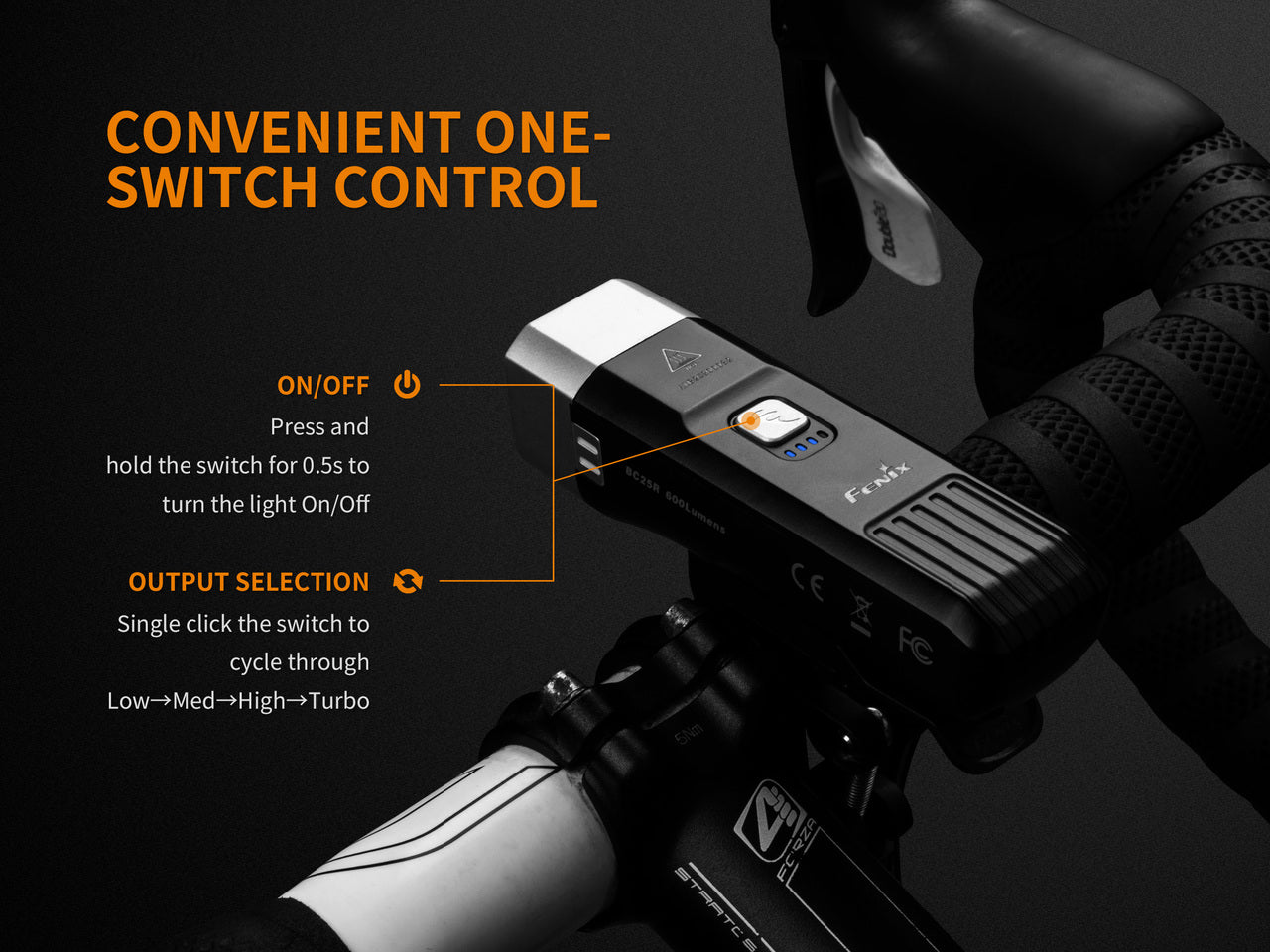 Fenix BC25R LED bike light mounted on a bicycle handlebar, showcasing its sleek design and bright illumination.