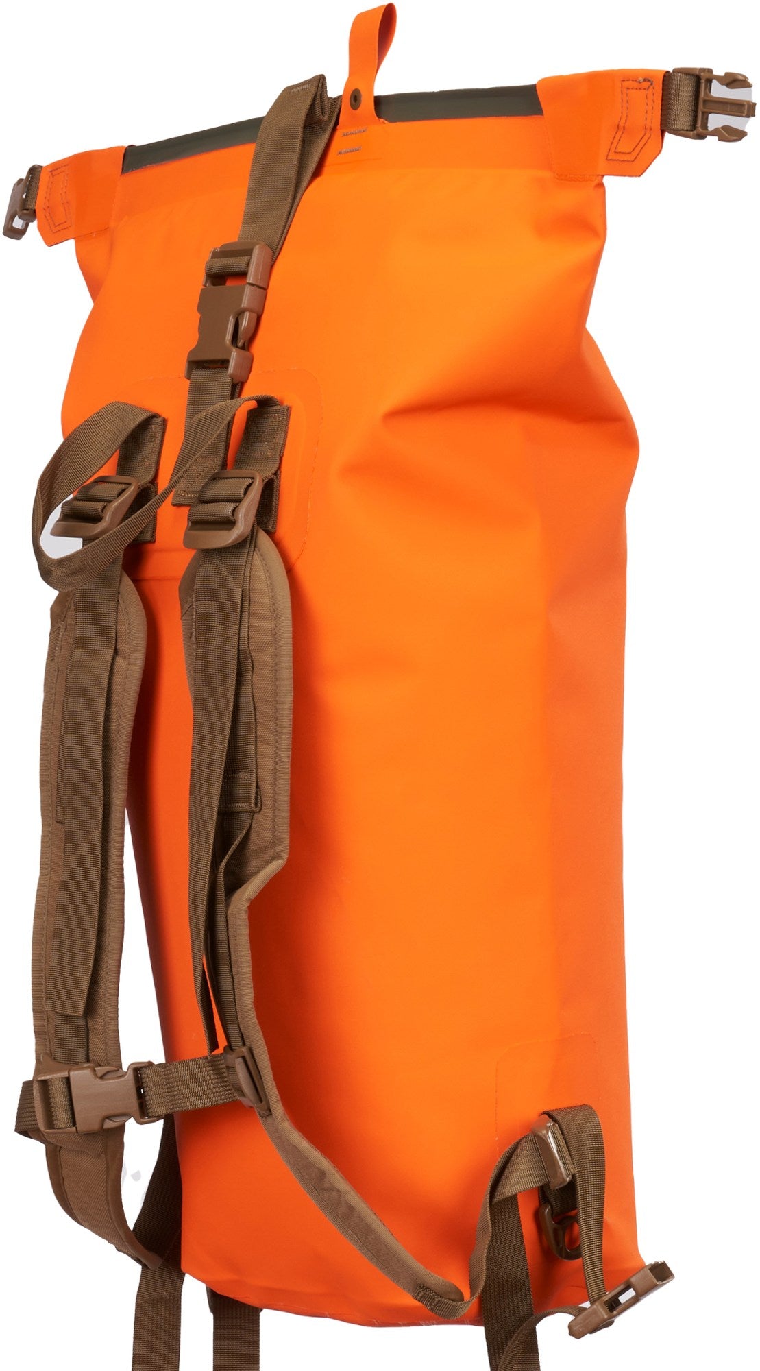 Bright orange waterproof dry bag backpack with brown straps and buckles, shown against a plain white background.