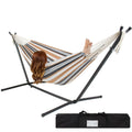 HomePacific portable cotton hammock in desert strip design with metal stand and carry case for outdoor relaxation.