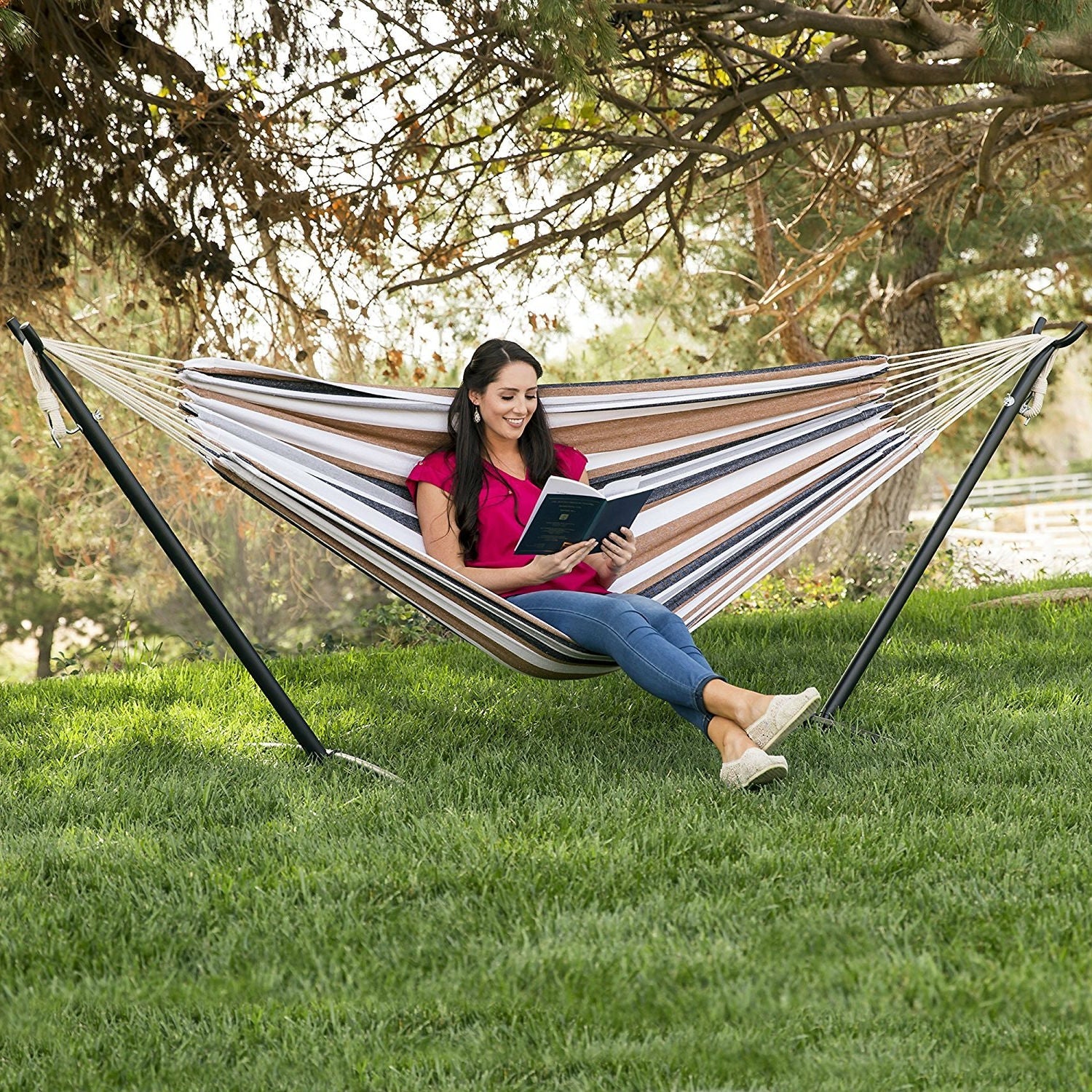 HomePacific portable cotton hammock in desert strip with metal stand and carry case, ideal for outdoor relaxation.