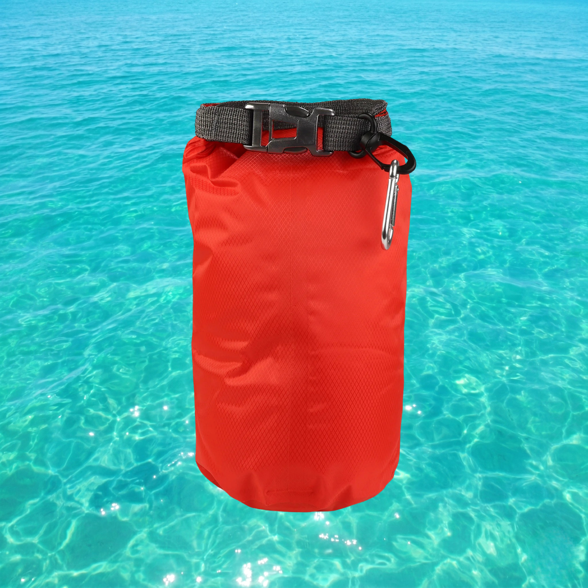 Mini personal dry bag with carabiner by quakekits.com, waterproof bag for outdoor and water activities, compact and durable.