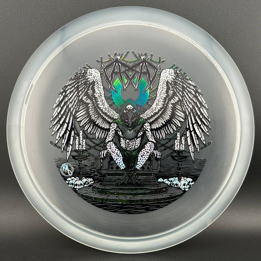 CryZtal Buzzz disc golf disc by Rare Air Discs, featuring Karudi the Overseer design from Cult of RAD, shown on a white background.