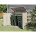Cream beige and grey outdoor plastic trash bin storage shed by HomePacific, heavy-duty and weather-resistant for outdoor use.