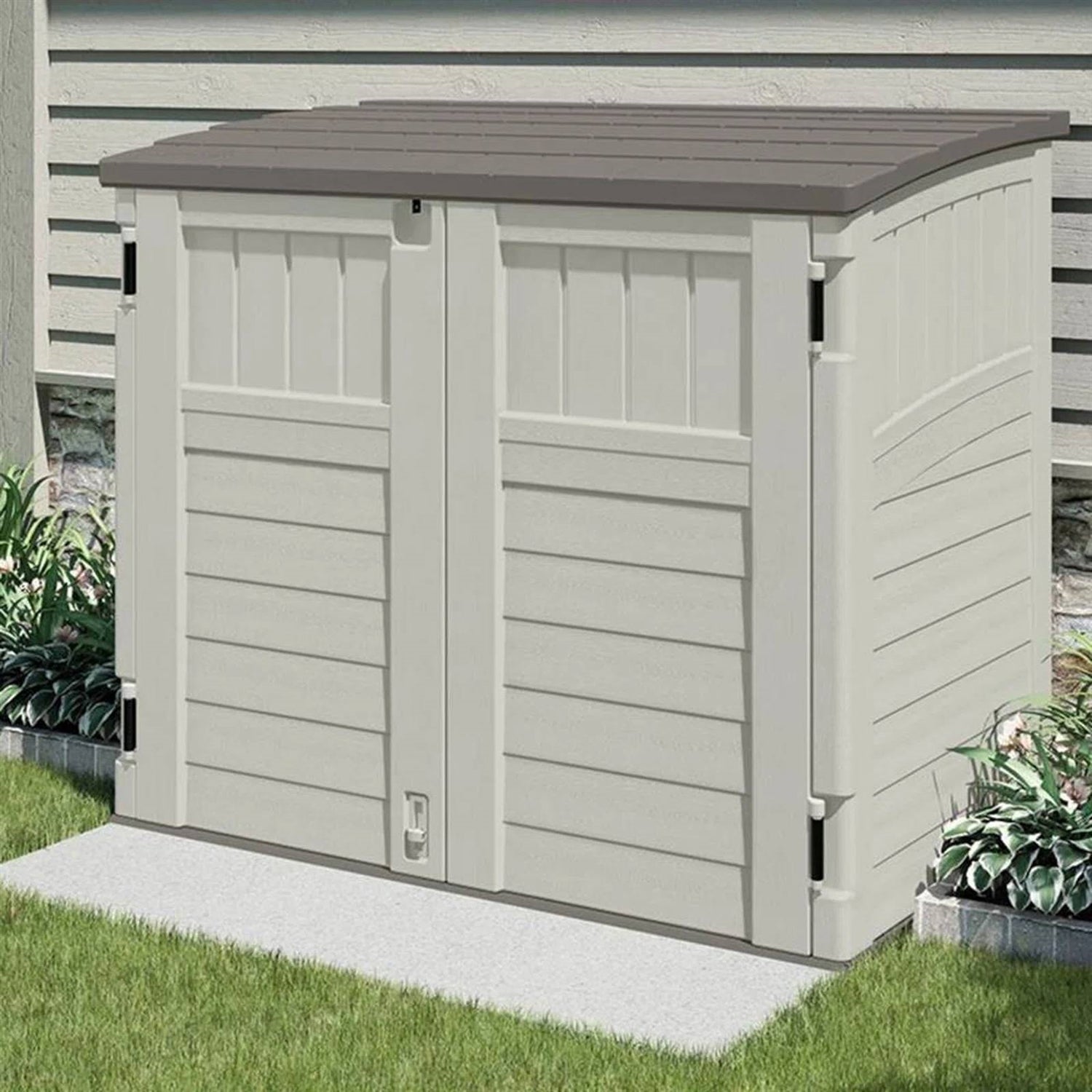 Cream beige and grey outdoor heavy-duty plastic garbage bin storage shed by HomePacific, designed for outdoor trash and waste storage.