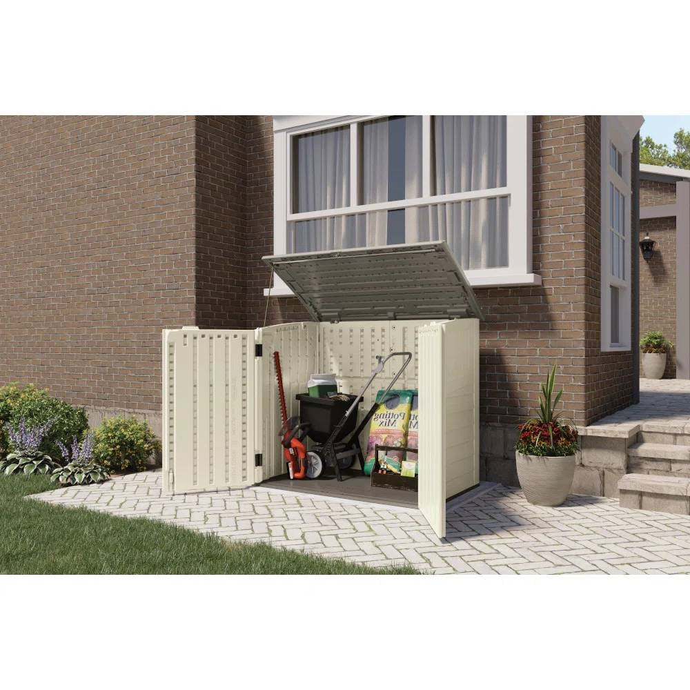 Cream beige and grey outdoor plastic trash can storage shed by HomePacific, weather-resistant heavy-duty garbage bin enclosure