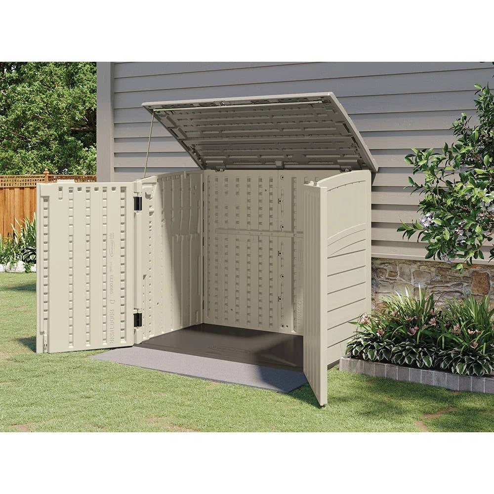 Cream beige and grey outdoor heavy-duty plastic garbage bin trash can with storage shed by HomePacific.