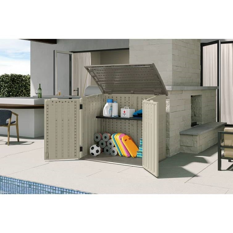 Cream beige and grey outdoor plastic garbage bin storage shed by HomePacific, designed for heavy-duty trash and waste organization.