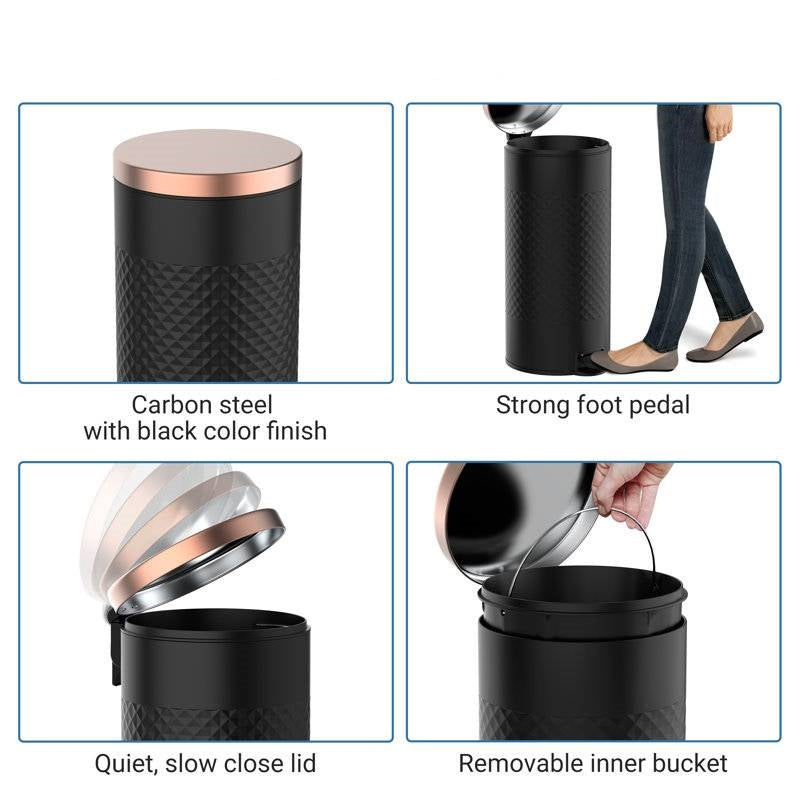 Hands-free black and gold metal 8-gallon step-on trash can from HomePacific with a modern kitchen design.