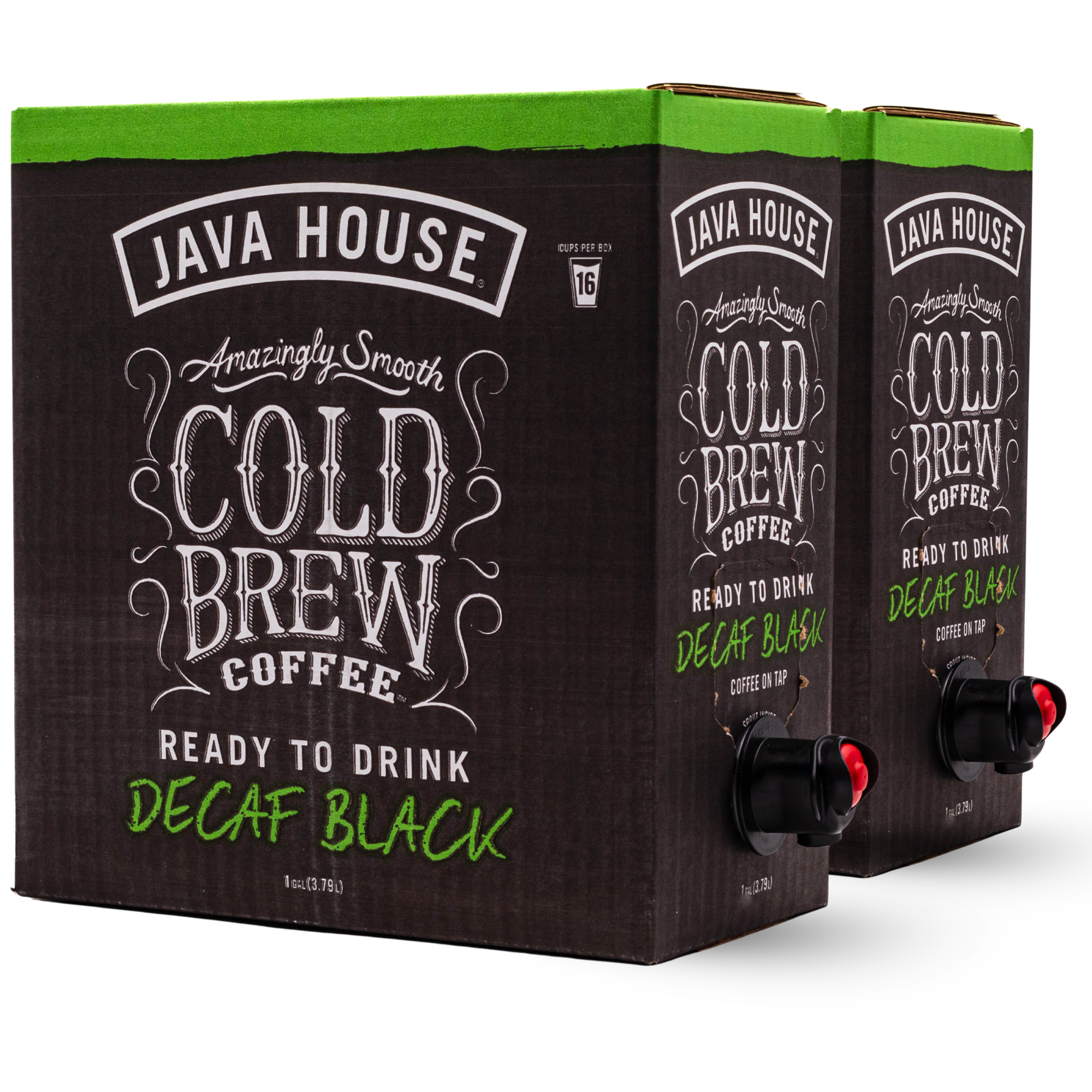 Java House Cold Brew On Tap - Decaf in a sleek bag-in-box, showcasing its rich coffee color and convenient tap feature.