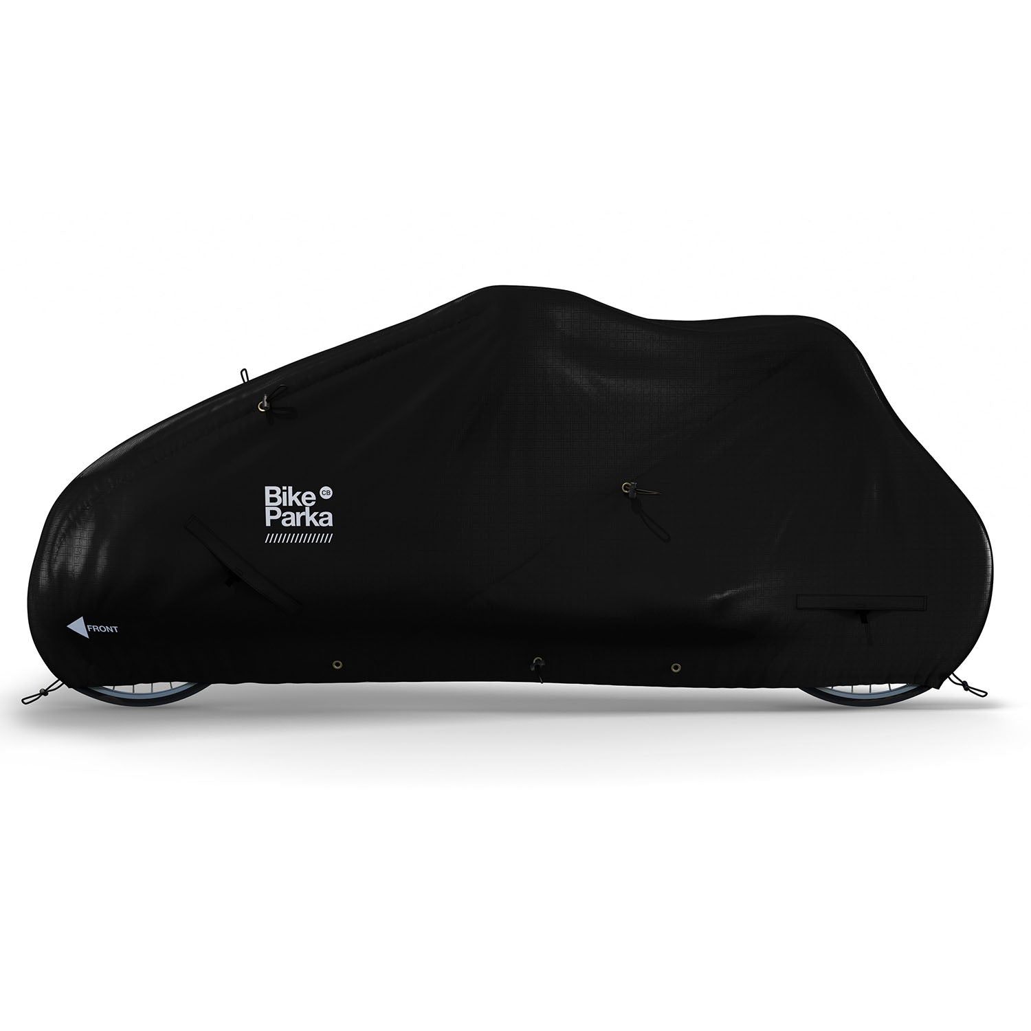 ZEITBIKE BikeParka cargo bicycle cover protecting a bike with waterproof fabric and adjustable straps.