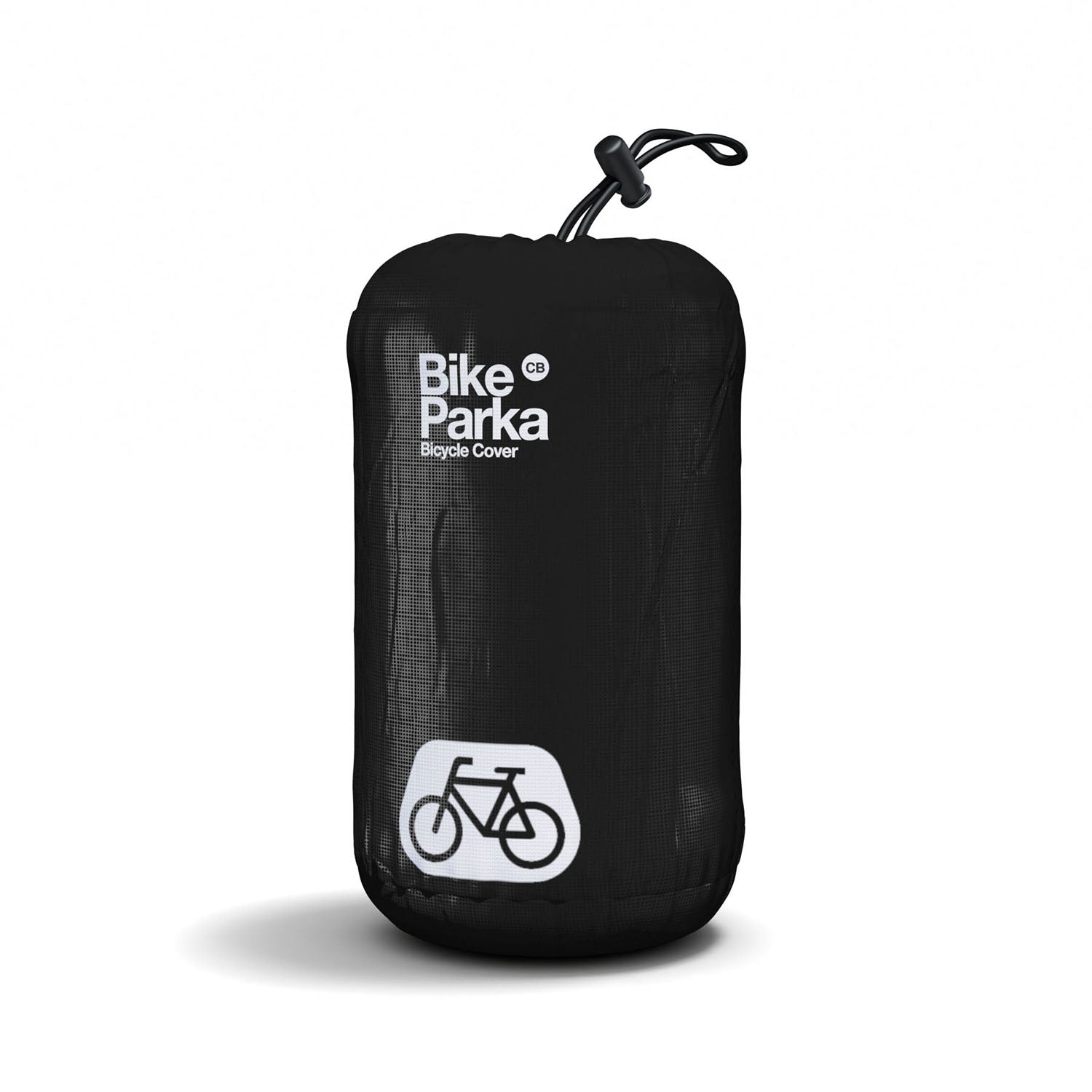 ZEITBIKE BikeParka cargo bicycle cover in ink color, shown with included stuff sack, protects bikes from weather elements.