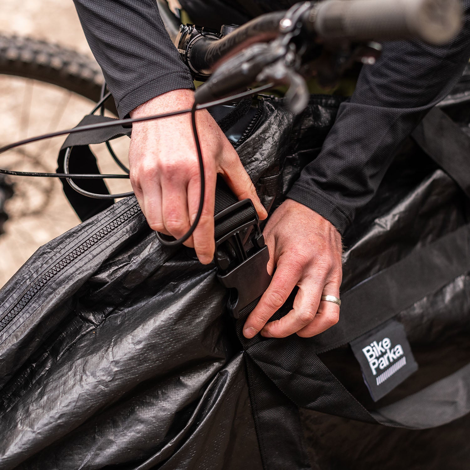 ZEITBIKE BikeParka RoughSac bicycle transport bag with padded exterior and adjustable straps for secure bike travel.