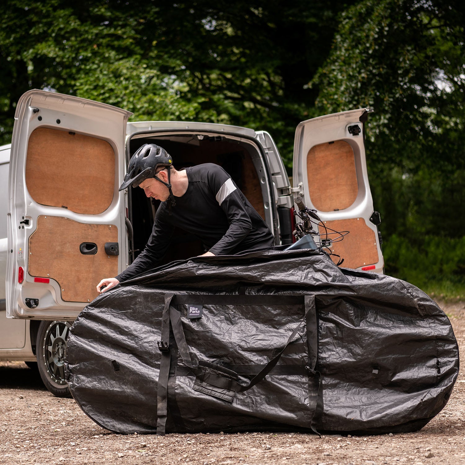 ZEITBIKE BikeParka Bike Transport Bag RoughSac, durable bicycle transport bag with adjustable straps, black color, and compact design.