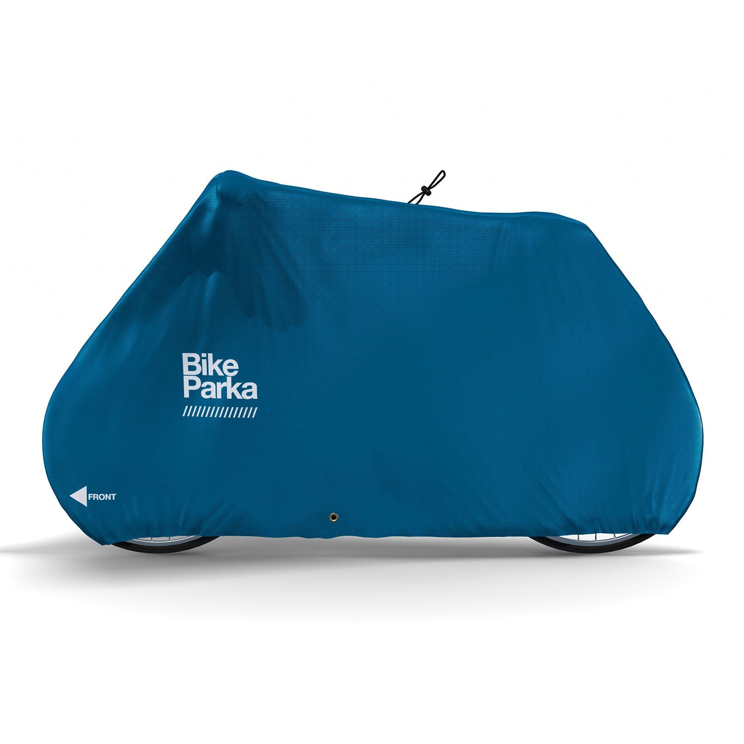 ZEITBIKE BikeParka bicycle cover in stash blue, showing a waterproof cover protecting a bike outdoors.
