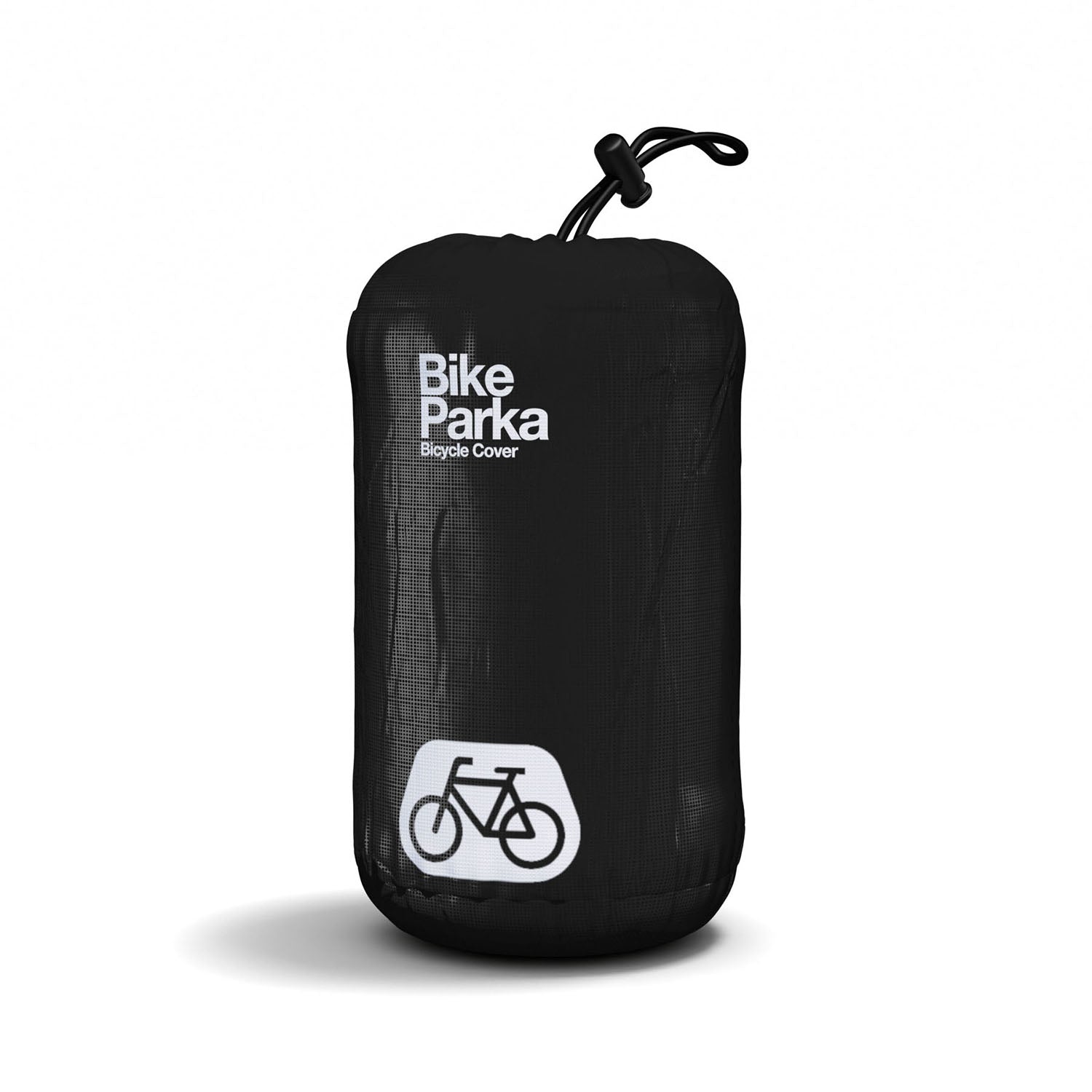 ZEITBIKE BikeParka bicycle cover in ink color with stash pocket, shown folded in its stuff sac for easy storage.