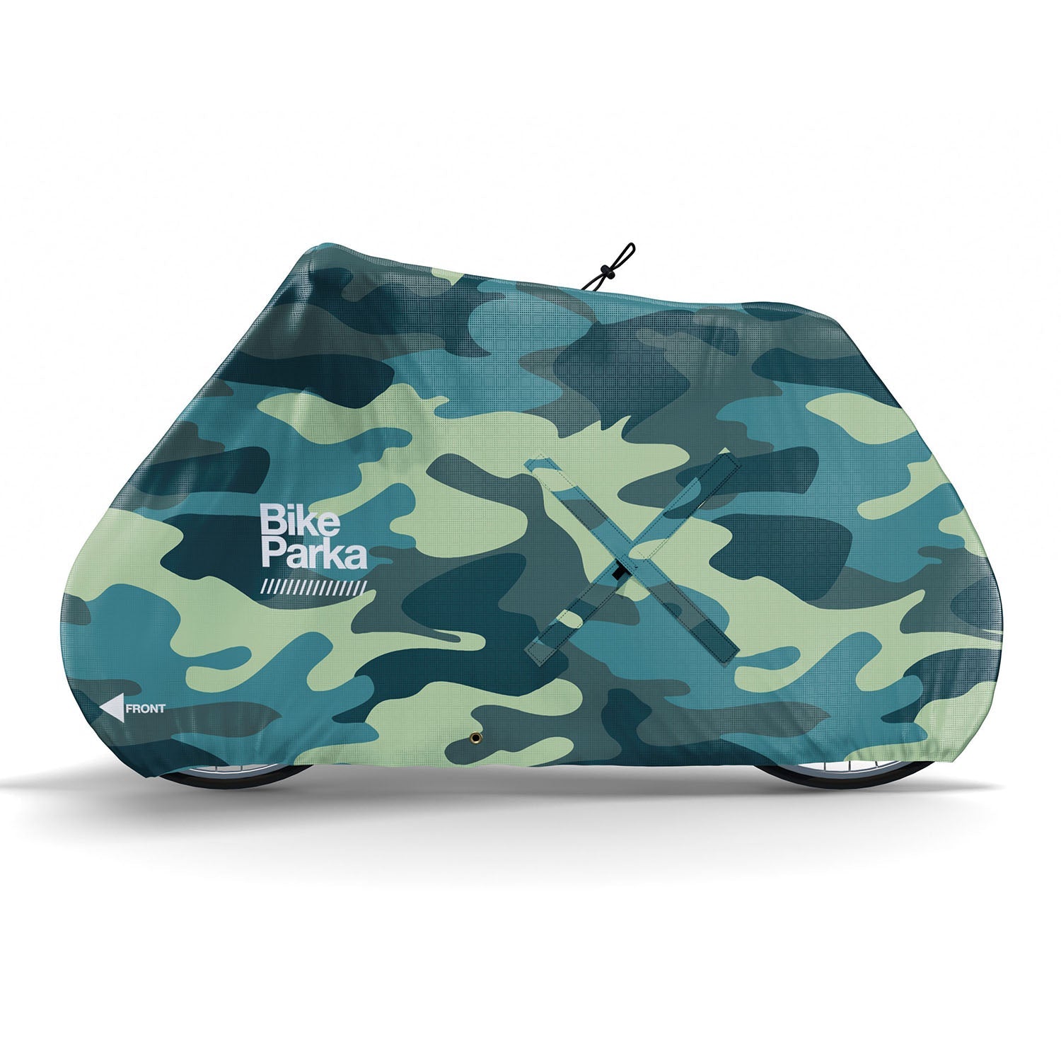 ZEITBIKE BikeParka urban camouflage bicycle cover protecting a bike from weather and dirt in city environments.