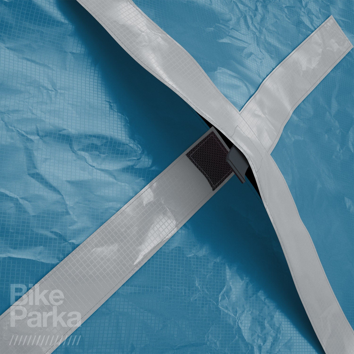 ZEITBIKE BikeParka urban bicycle cover shown from side view, protective outdoor cover for bikes in a city setting.