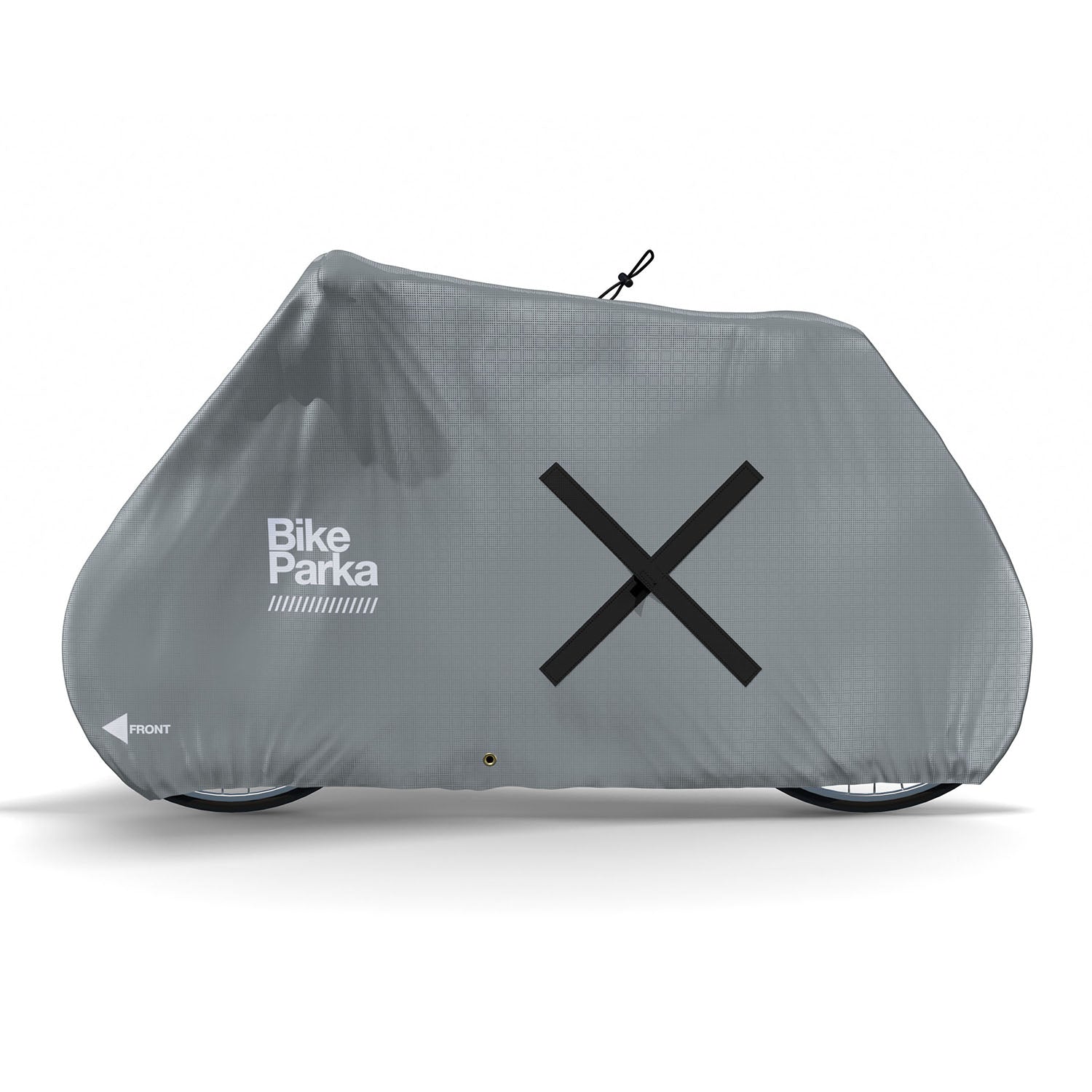 ZEITBIKE BikeParka urban bicycle cover protecting a bike parked on pavement from weather elements.