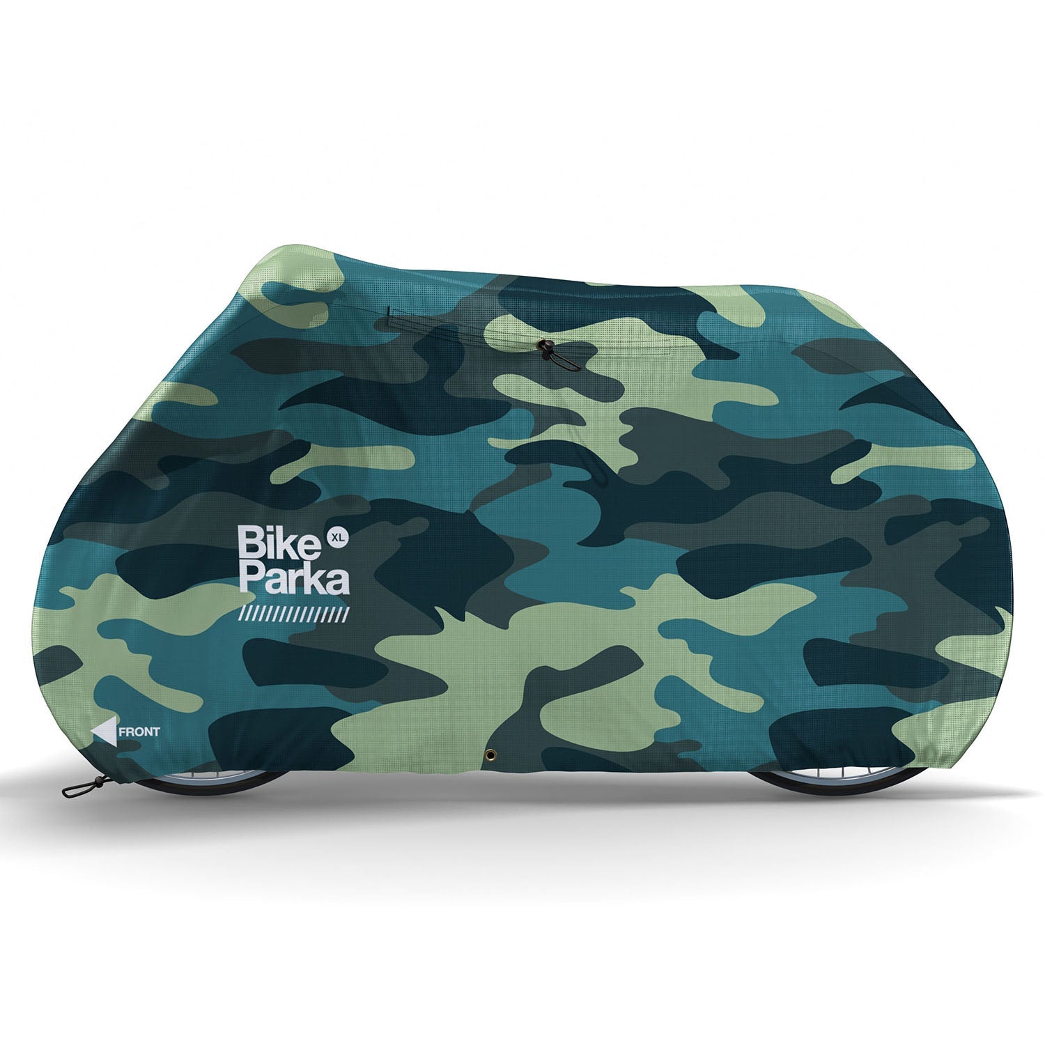 ZEITBIKE BikeParka XL MTB bicycle cover in camouflage fabric, protecting bike from weather and dust during outdoor storage.