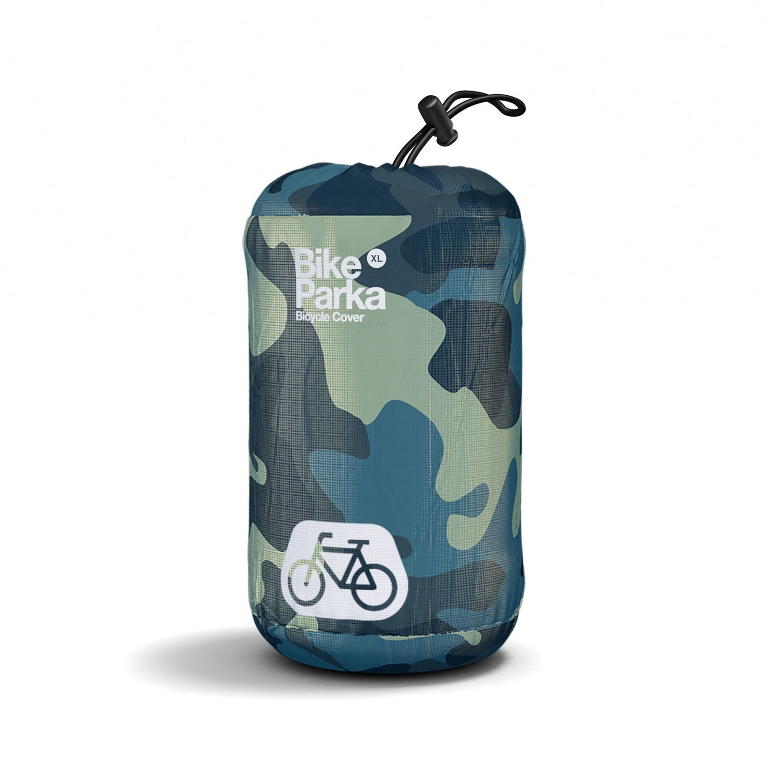 ZEITBIKE BikeParka XL/MTB bicycle cover in camouflage pattern, shown with stuff sack for mountain bike protection.