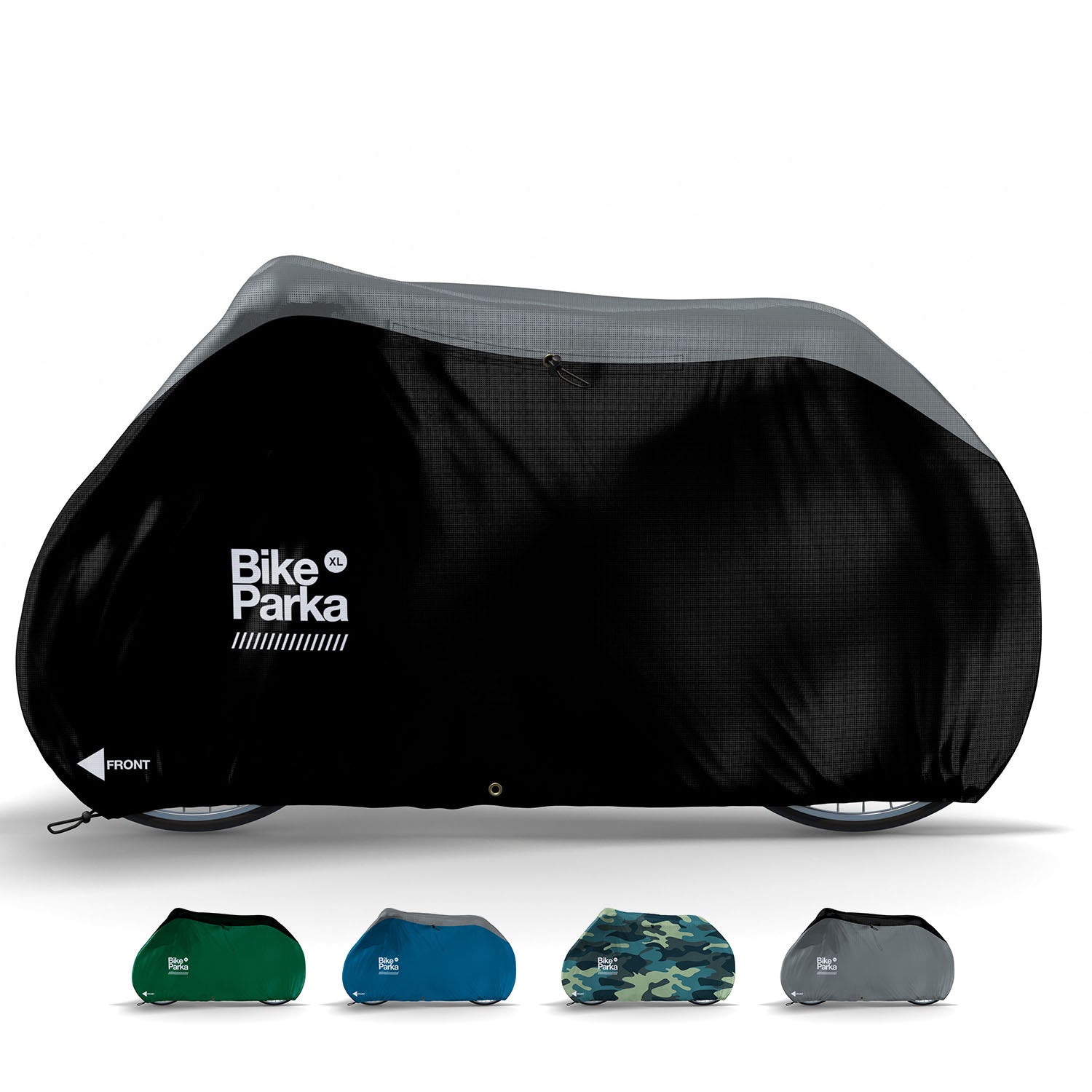 ZEITBIKE BikeParka XL/MTB bicycle cover in black, designed for mountain bikes and XL bikes, showing the waterproof material and fit.