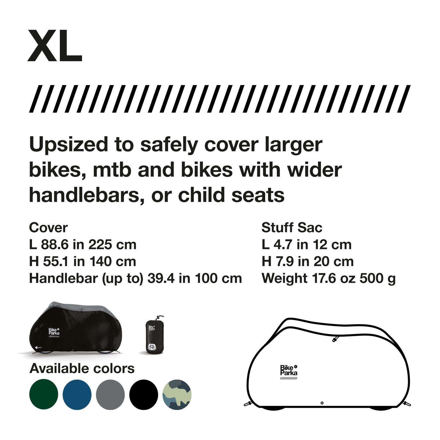 ZEITBIKE BikeParka XL MTB bicycle cover protects mountain bikes from weather, showing a black waterproof cover over a bike.