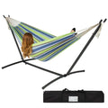 Blue and green stripe cotton hammock with metal stand and carry case, ideal for outdoor relaxation by HomePacific.