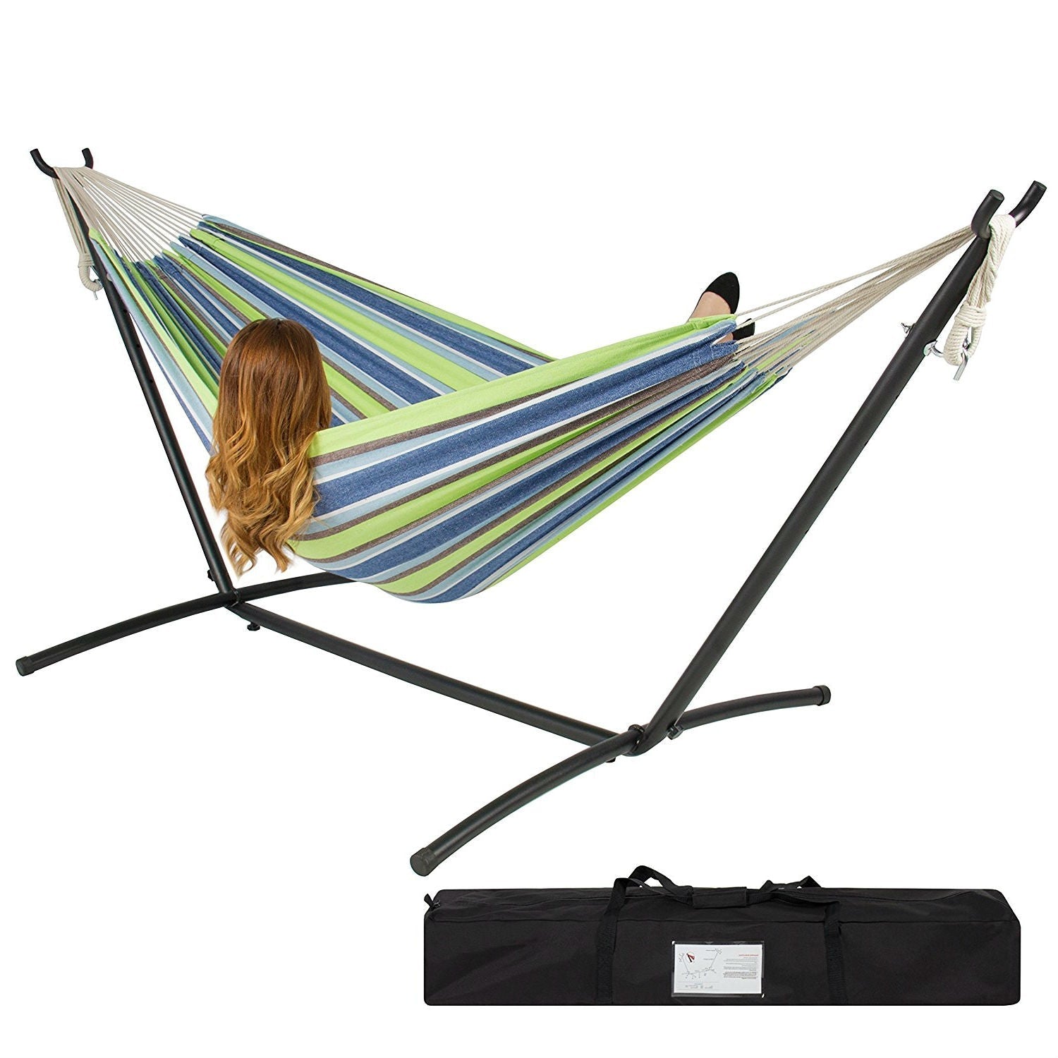 Blue and green stripe cotton hammock with metal stand and carry case, ideal for outdoor relaxation by HomePacific.