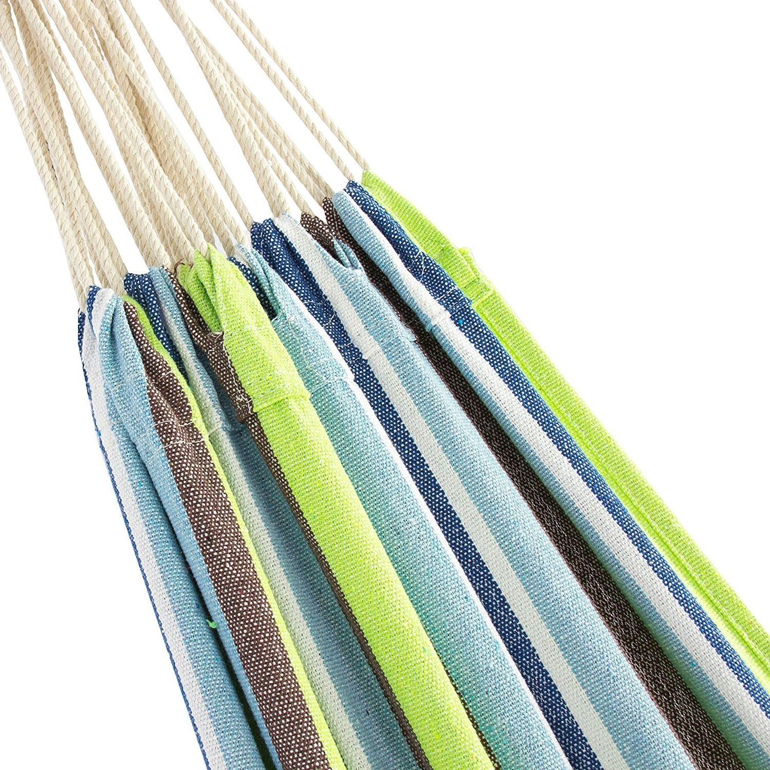 Blue and green striped cotton hammock with metal stand and carry case, outdoor furniture by HomePacific.