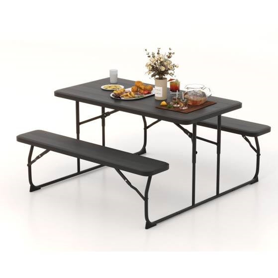 Black folding picnic table with two matching benches, outdoor patio dining set by HomePacific, ideal for outdoor gatherings.