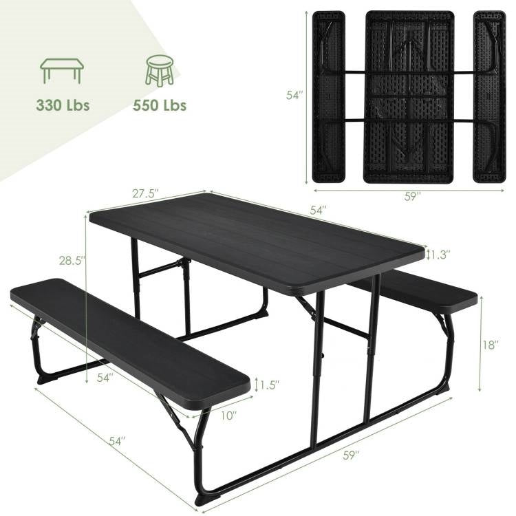 Black folding picnic table with two matching benches, outdoor patio dining set by HomePacific, ideal for outdoor gatherings.