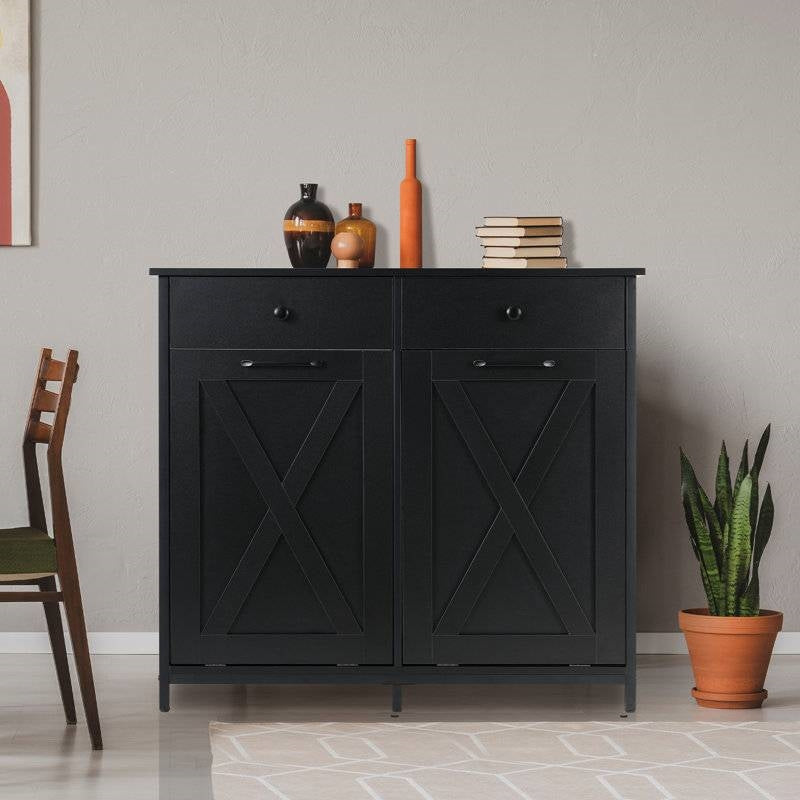Black HomePacific 2-drawer, 2-tilt out kitchen trash and recycle storage bin with 10-gallon capacity, designed for kitchen and laundry use.