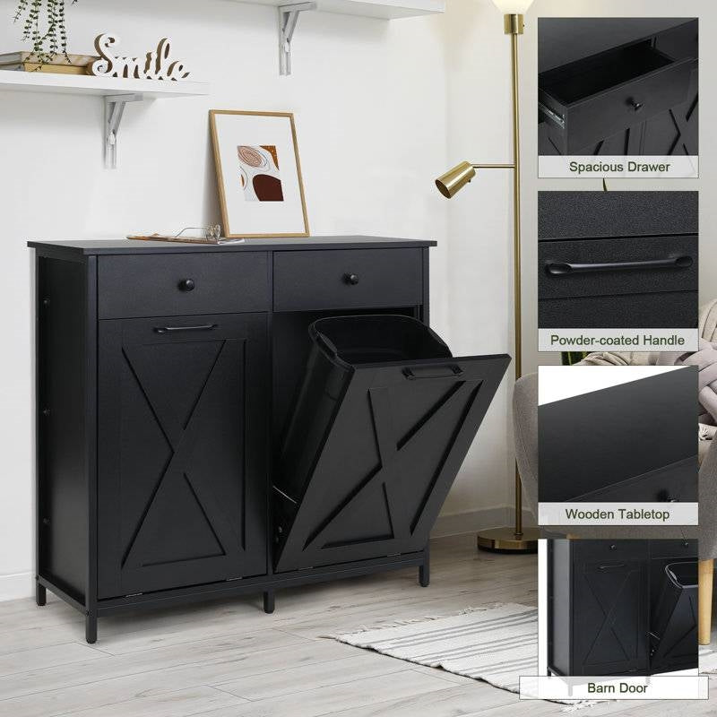 Black HomePacific 2-drawer kitchen trash and recycle bin with tilt-out compartments for laundry and waste storage.