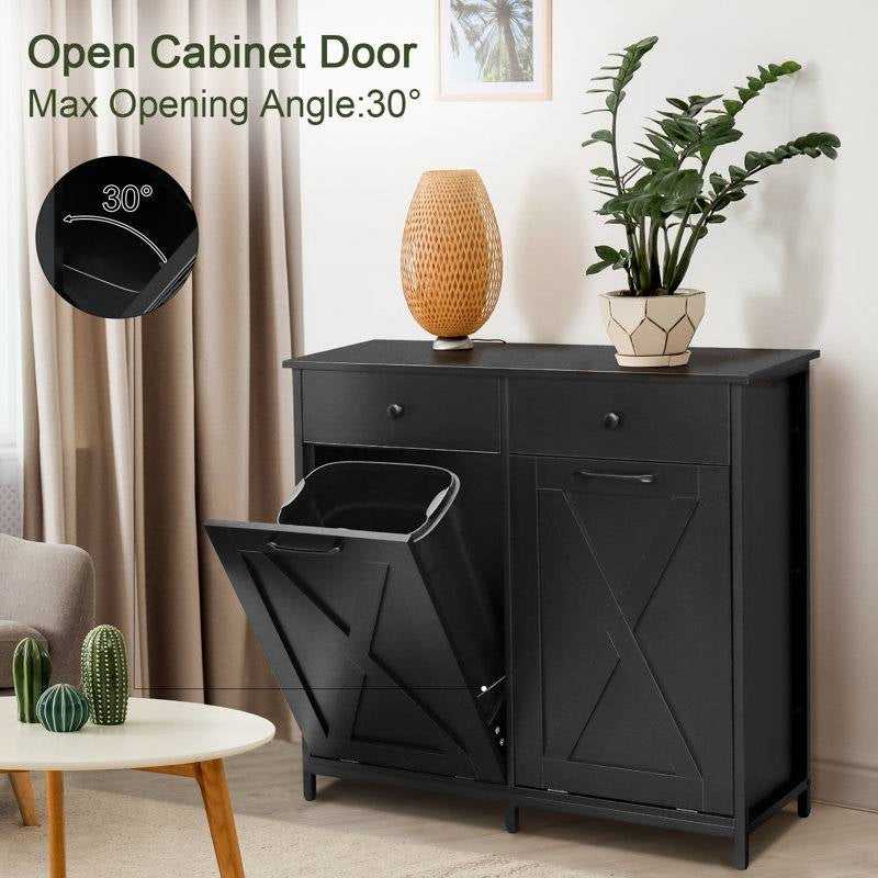 Black HomePacific 2-drawer and tilt-out kitchen trash and recycle bin for laundry and waste storage in a modern kitchen setup.