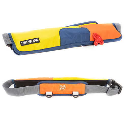 Vamo Life Bombora Gear 16g Belt Pack PFD in various colors with adjustable straps and safety features for kayaking.