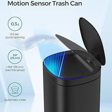 HomePacific black stainless steel motion sensor trash can with ozone button, 13-gallon kitchen waste bin with hands-free operation