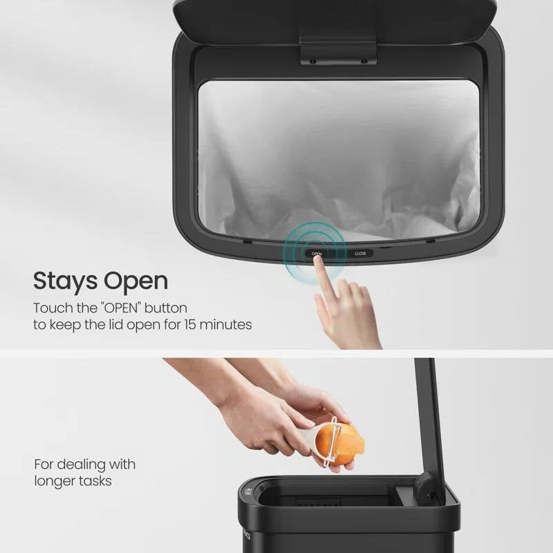 Black 13-gallon kitchen trash can with motion sensor lid and carbon filter by HomePacific, featuring a sleek design and touchless operation.