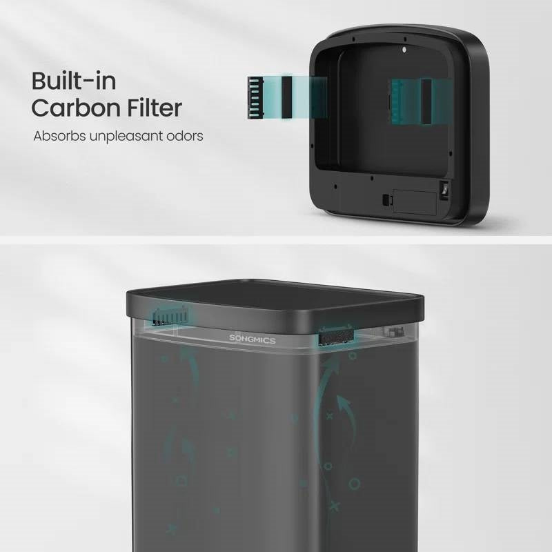 Black 13-gallon kitchen trash can with motion sensor lid and carbon filter from HomePacific, showing the sleek design and sensor mechanism.