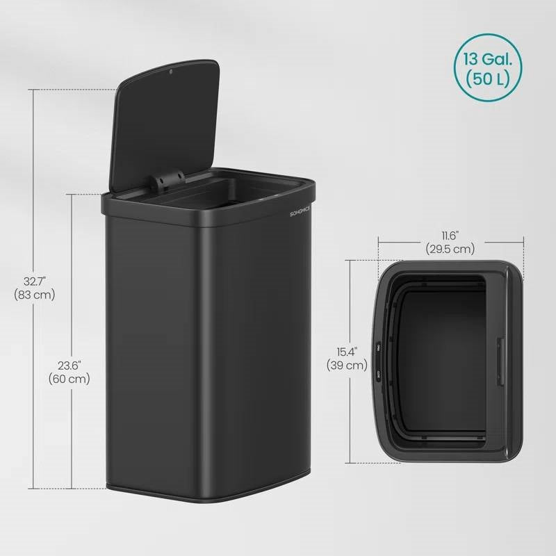 Black 13-gallon kitchen trash can with motion sensor lid and carbon filter by HomePacific, designed for hands-free waste disposal.