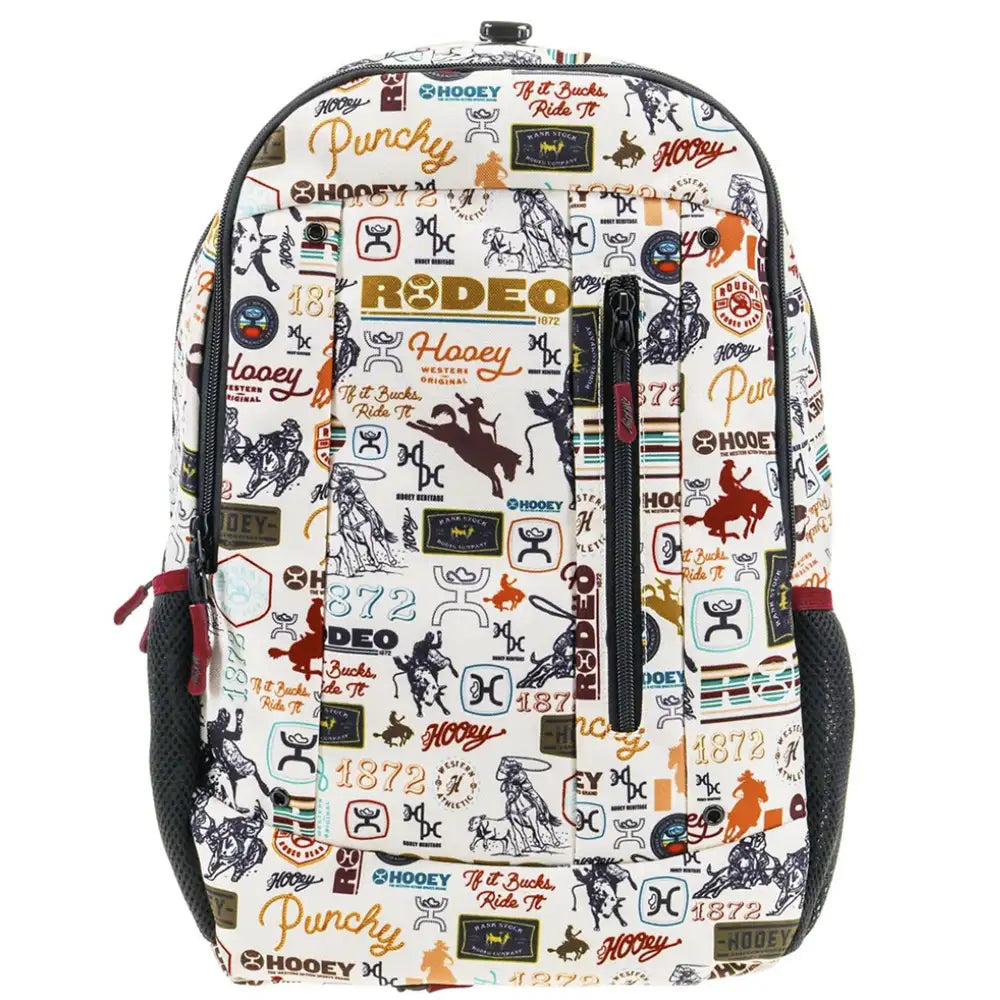 Cream and black HOOey Rockstar Rodeo Pattern backpack with western-inspired design, featuring adjustable straps and spacious interior.