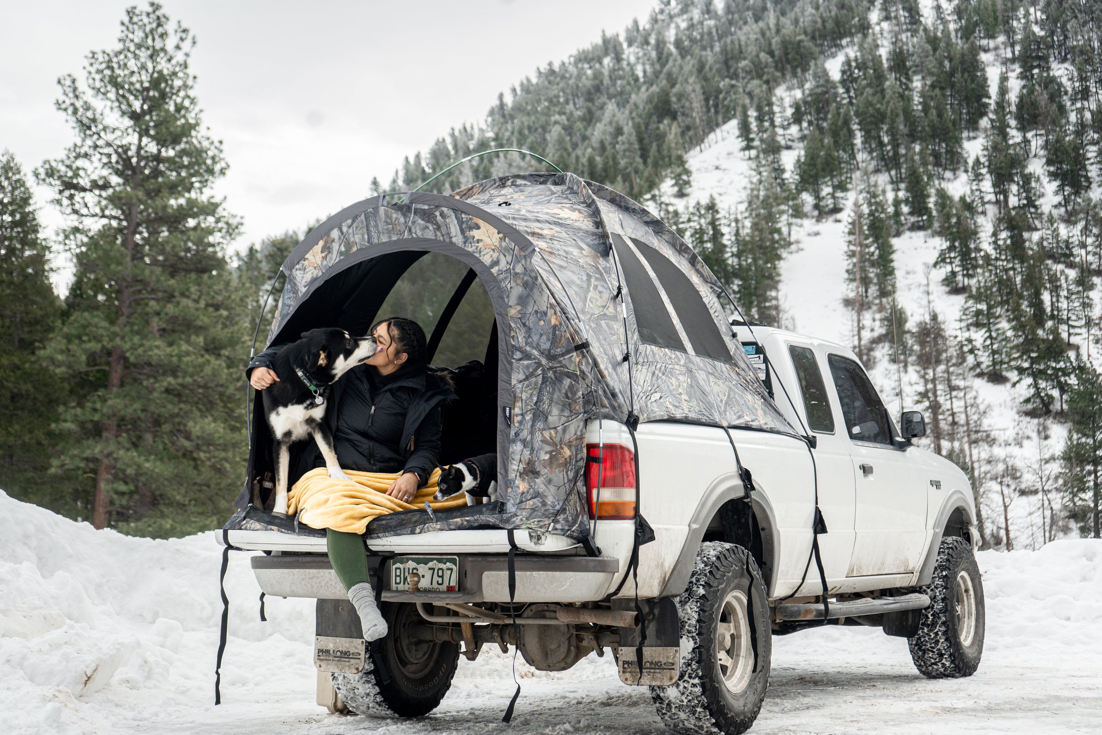 Backcountry Sportsman truck tent set up on a truck bed, showcasing the durable fabric and spacious interior for camping adventures.