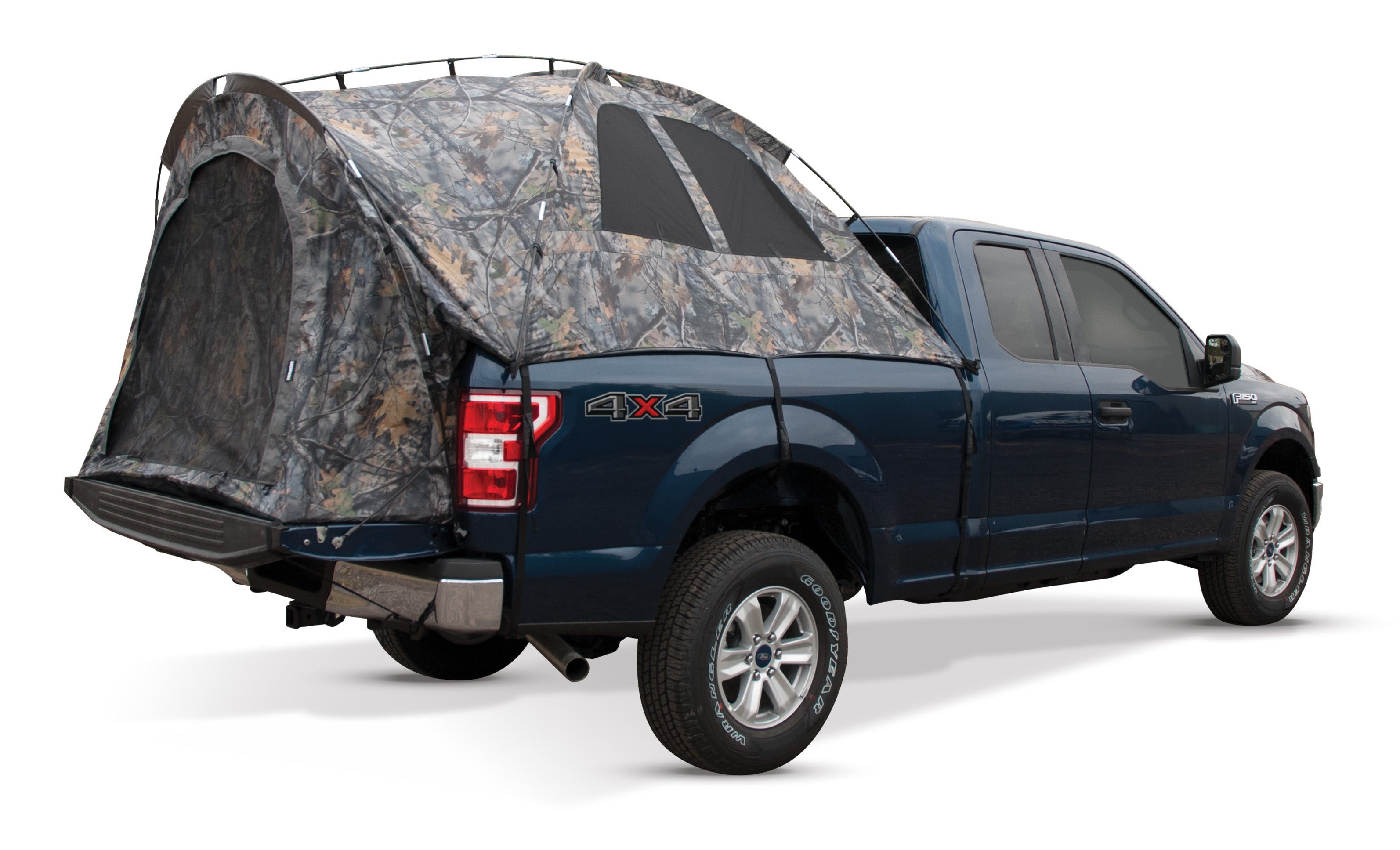 Backcountry Sportsman truck tent set up on a pickup truck bed, showcasing durable fabric and spacious interior for camping.