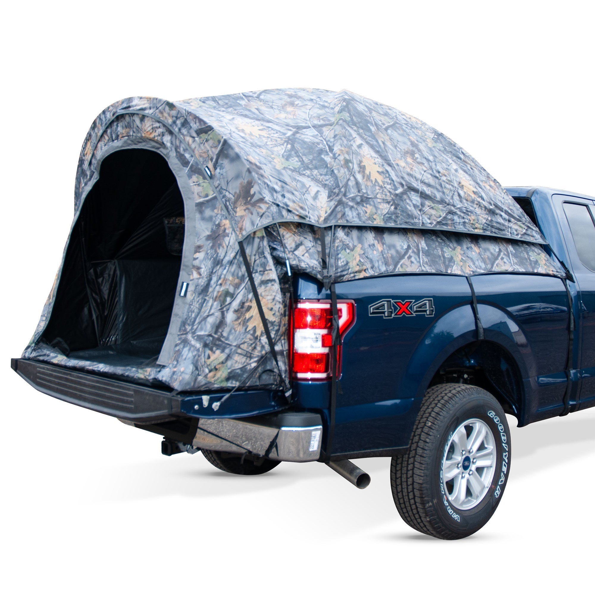 Backcountry Sportsman truck tent set up on a vehicle, showcasing durable fabric and spacious design for camping adventures.