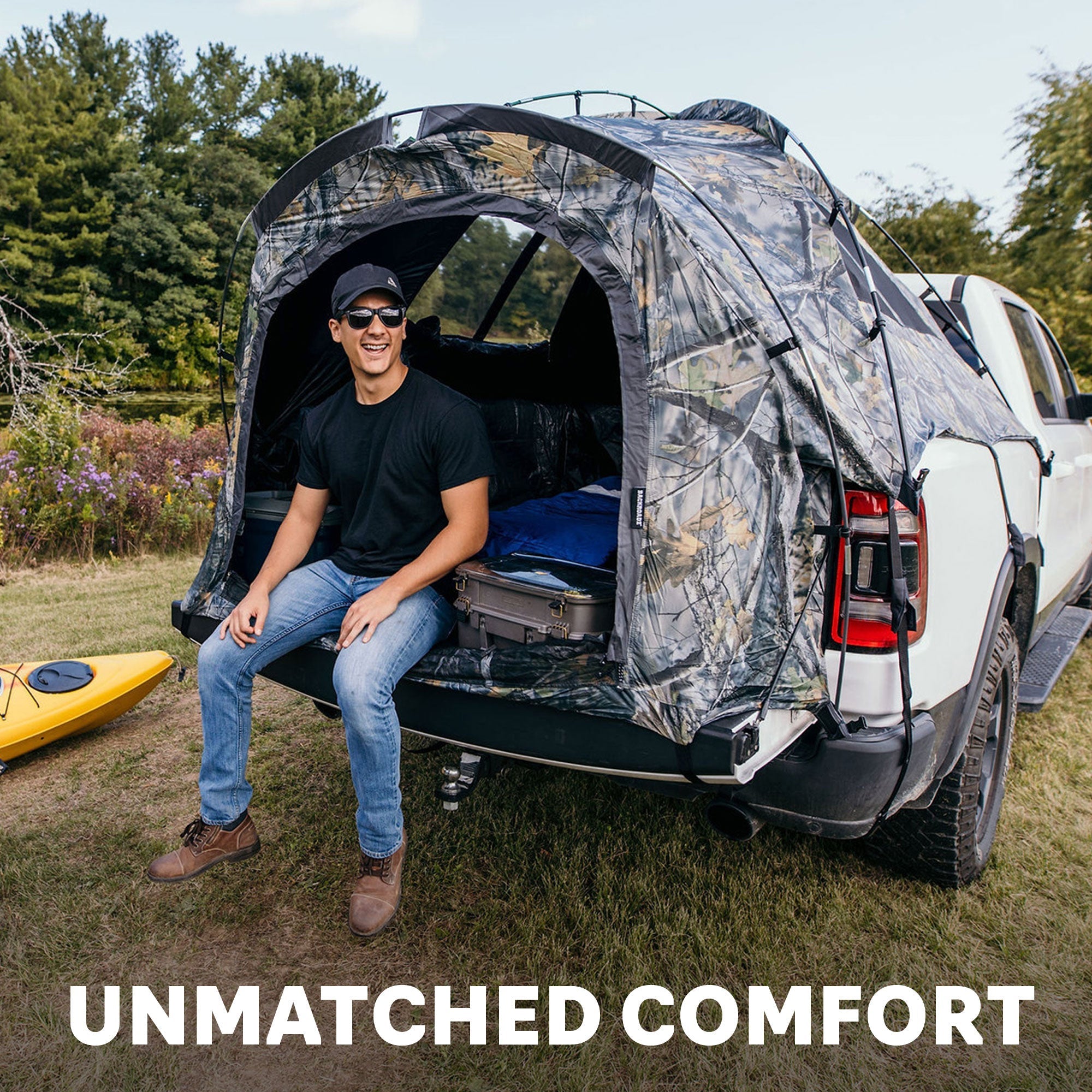 Backcountry Sportsman truck tent set up on a pickup truck in outdoor camping environment