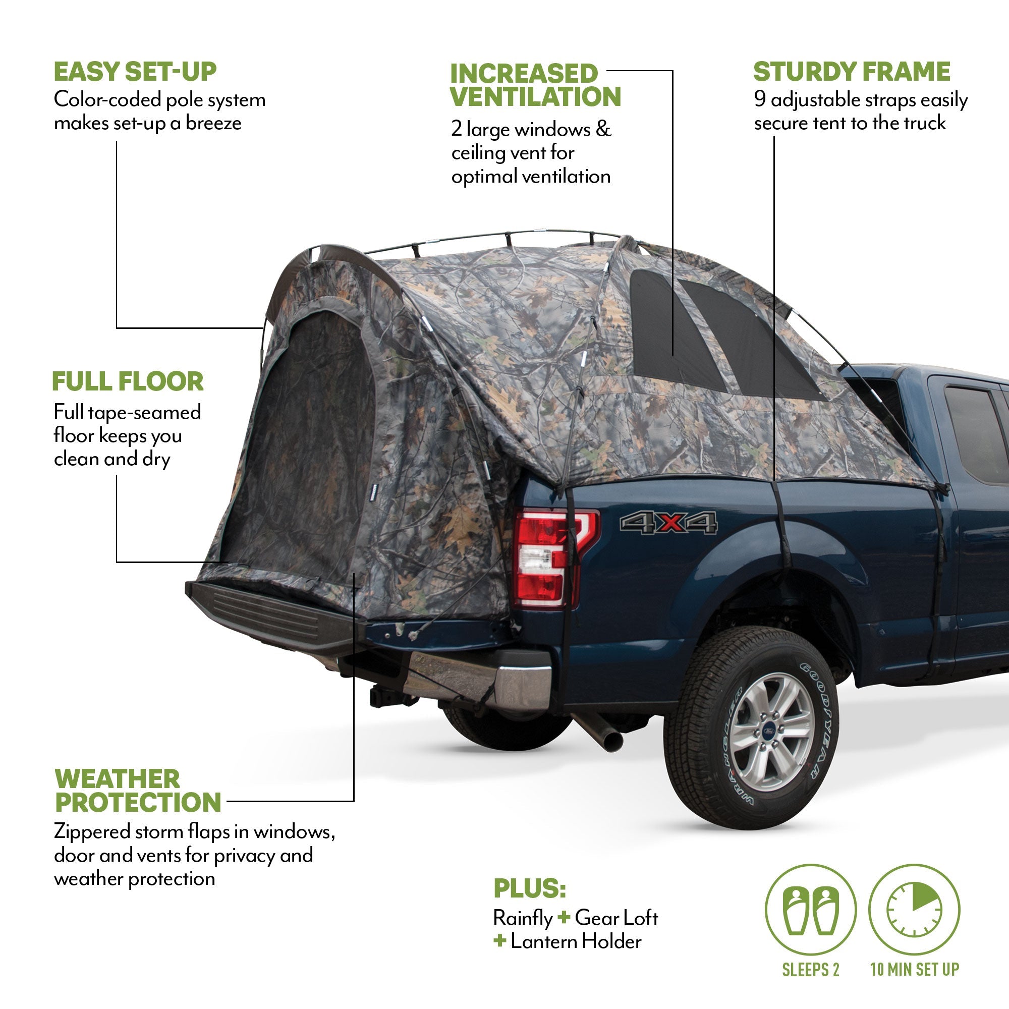 Backcountry Sportsman truck tent set up on a pickup truck in a scenic outdoor setting.